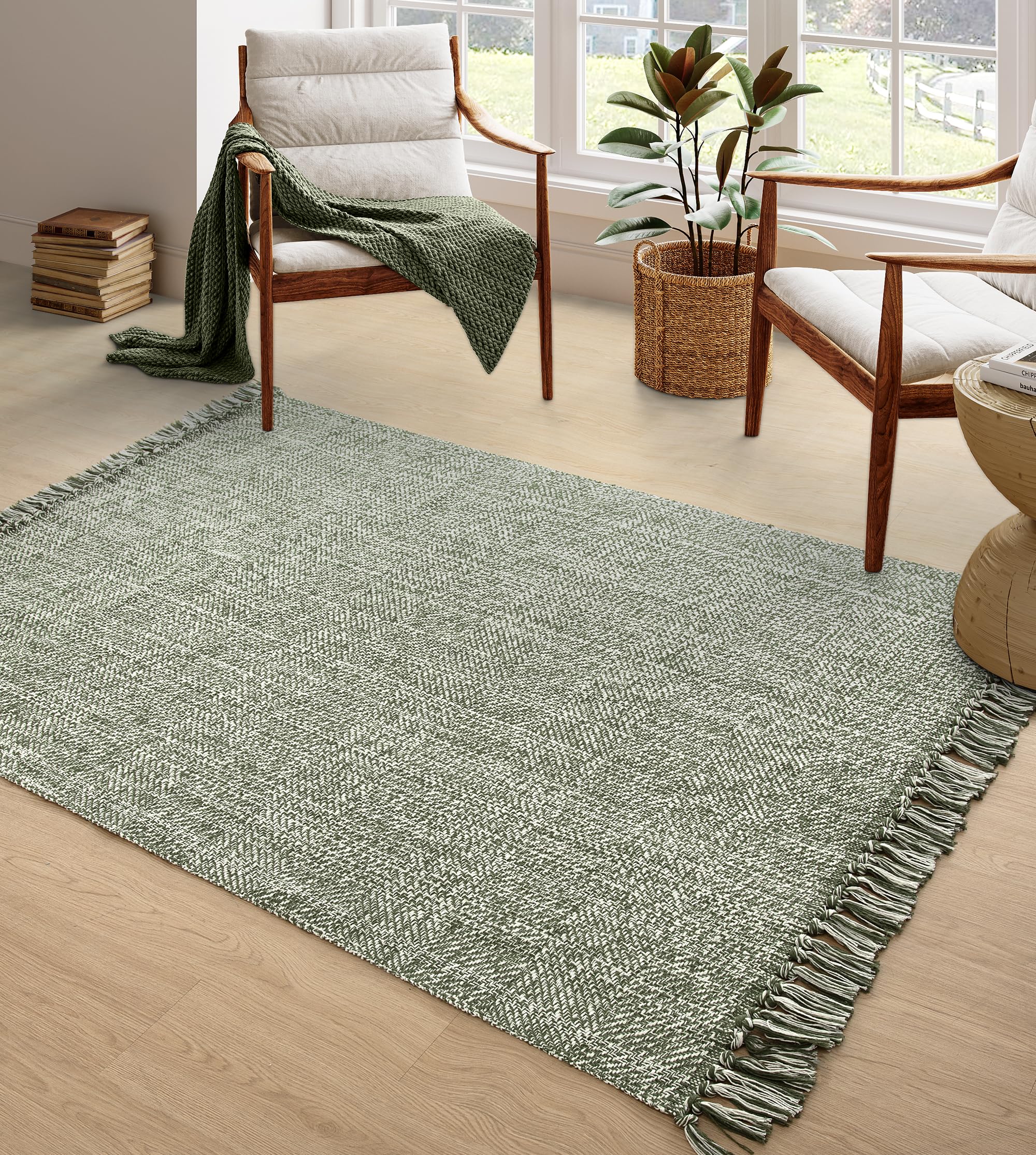 Collive Small Bathroom Rug, 2' x 3' Hand-Woven Low Profile Front Entryway Rug, Olive Green/Cream Cotton Reversible Washable Kitchen Mat Modern Farmhouse Carpet for Foyer Bedroom Back Door Decor